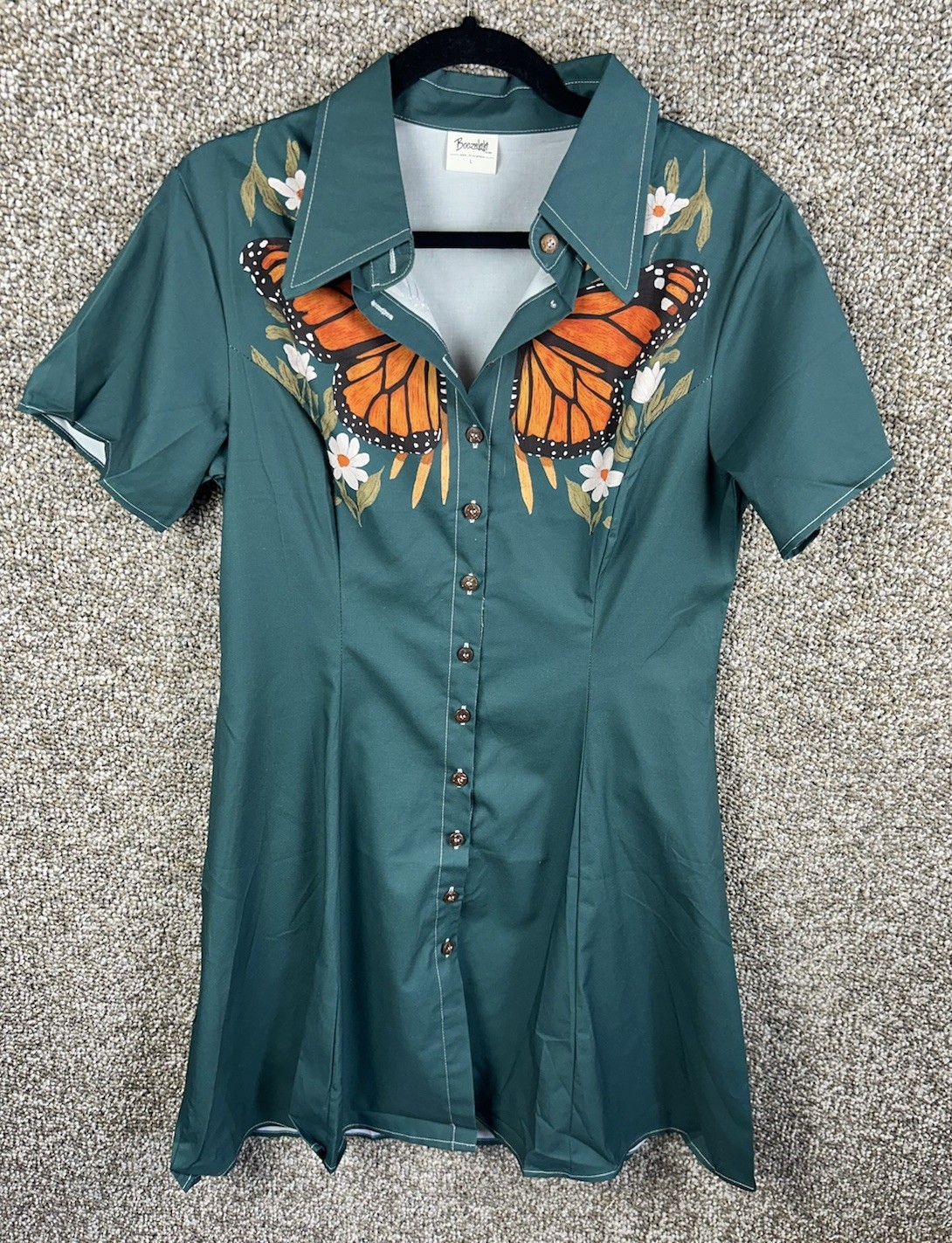BoozeLele Western Dress Monarch Butterfly Deep Green Button Rockabilly Cotton