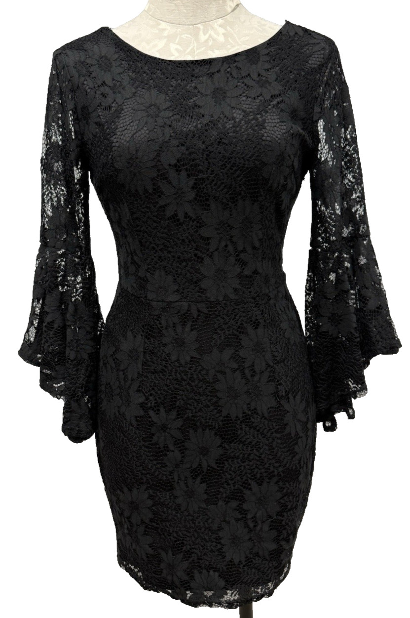 Lulus Illusion Lace Sheath Mini Dress Bell Sleeves Black Women’s Medium