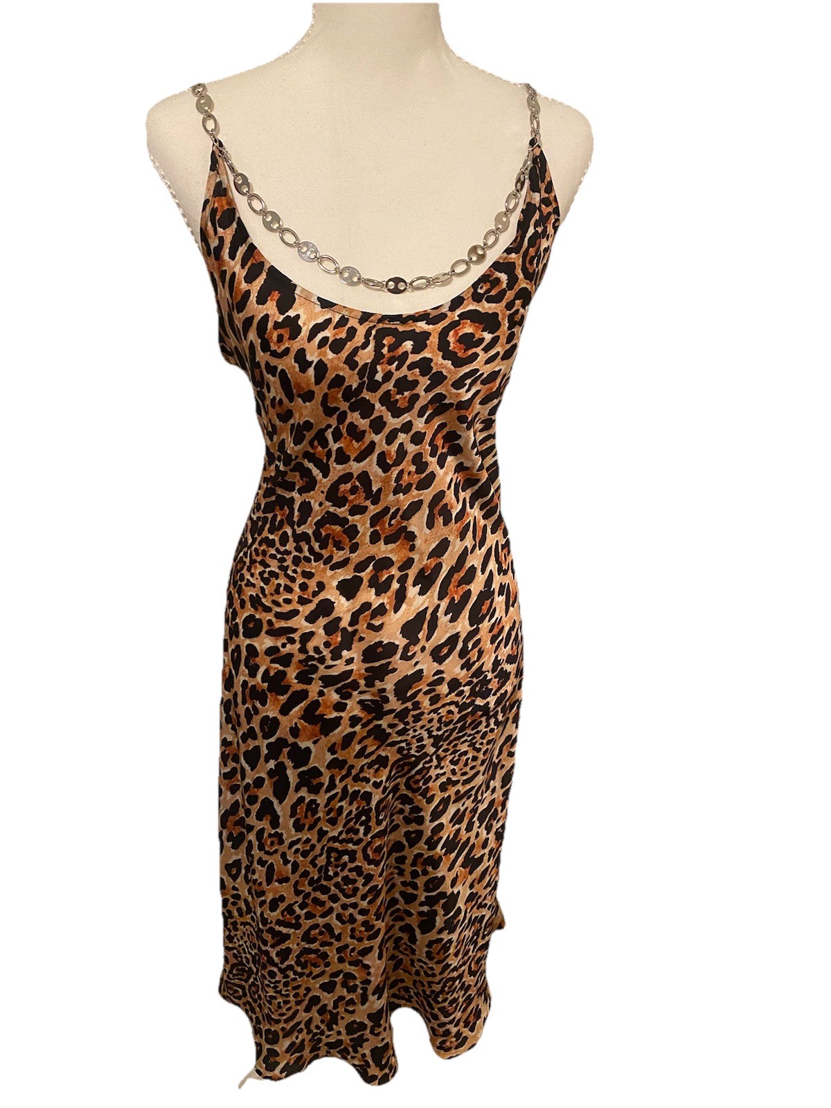 Paco Rabanne Leopard Print Satin Midi Slip Dress Chain Straps Scoop Neck 42