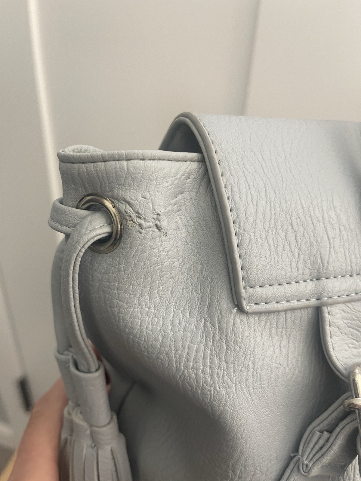 Gray Pebbled Backpack Purse Drawstring Tassel Top Handle Adjustable Strap