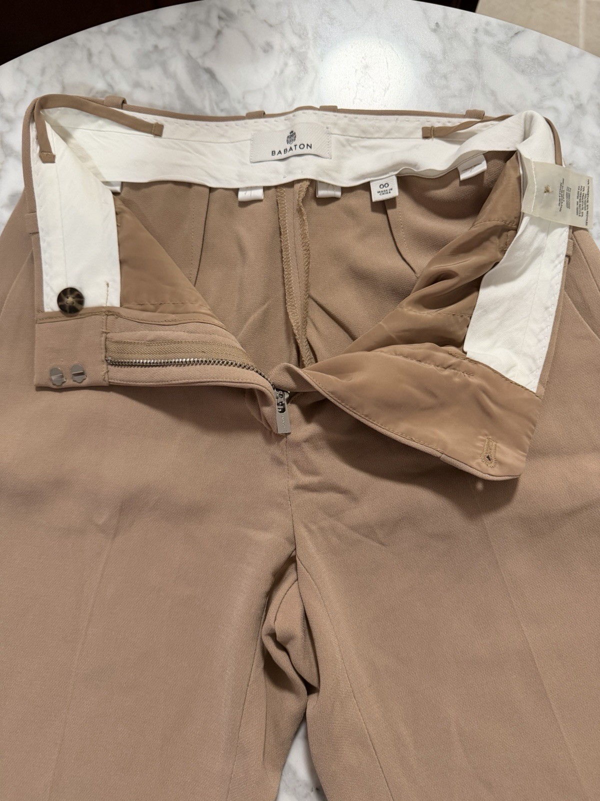 Babaton Women’s Beige Solid Flat Front Dress Pants Zip Button Closure