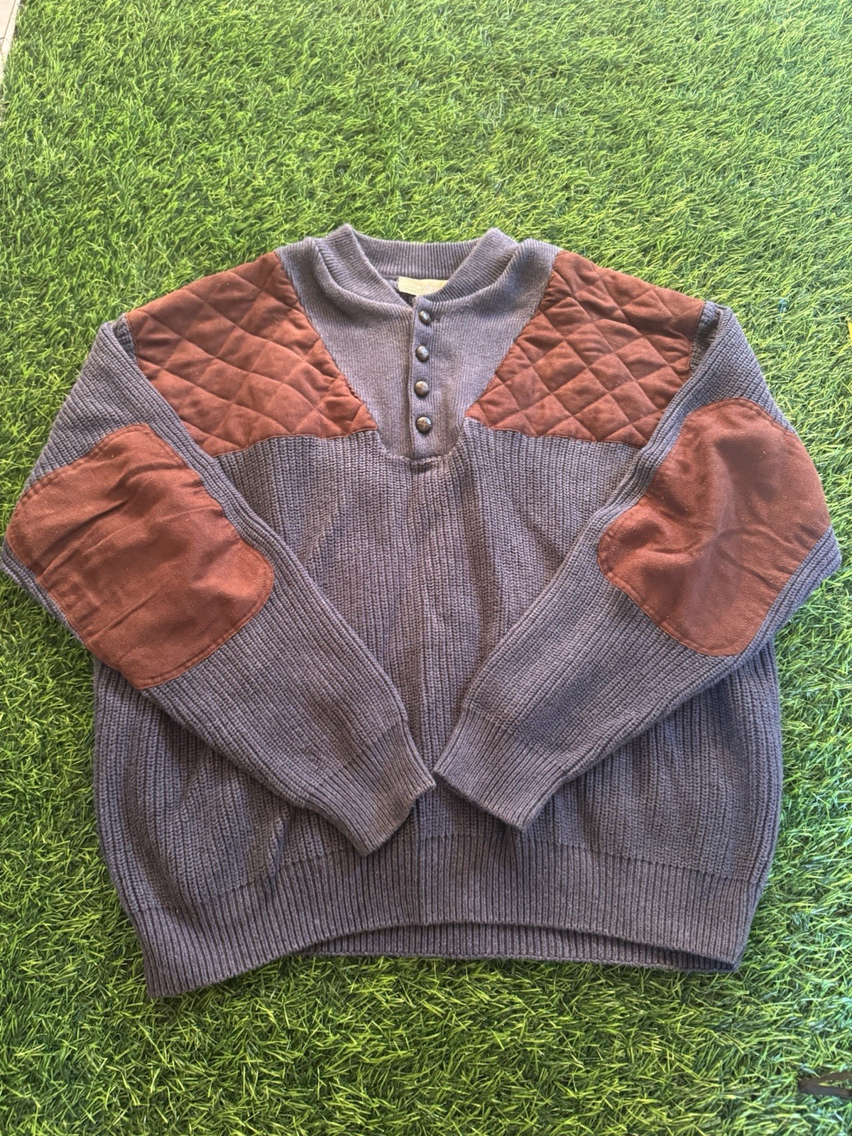 Cabela’s Sweater Mens XL Blue Brown Suede Quilted Patches Fisherman Knit Cotton