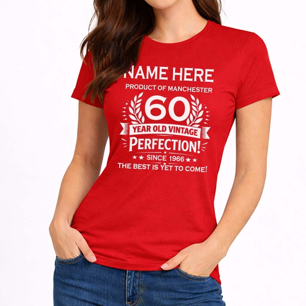 60th Birthday Ladies Personalised T-Shirt Name Any Age Year of Birth & Place