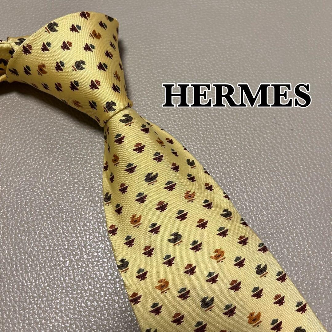 Hermes Mens Silk Tie Yellow H Pattern Stripe Dot Check Woven 3.54in 9cm