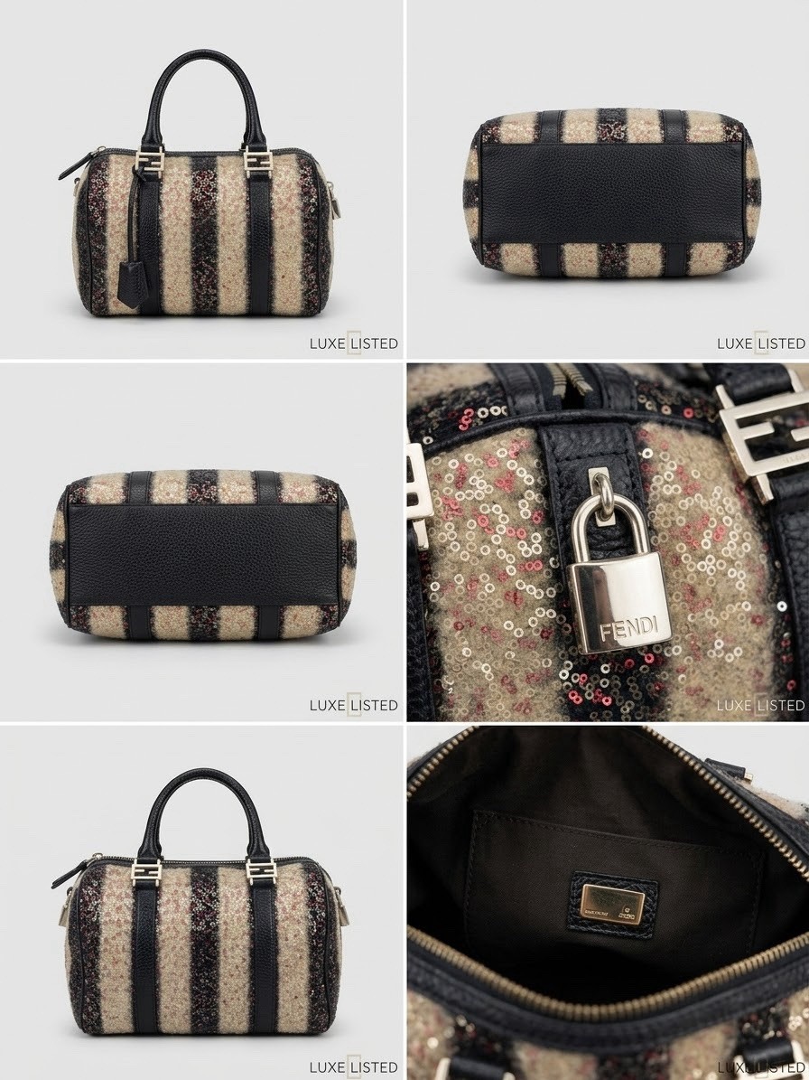 Fendi Boston Bag Black Red Brown Sequin Grained Calfskin (aa072626f7r)