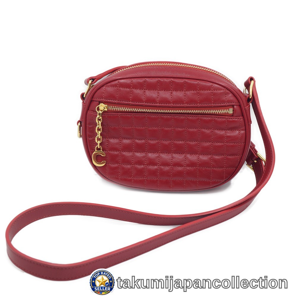 CELINE Red Leather Shoulder Bag with C Charm Gold Hardware #M-4080