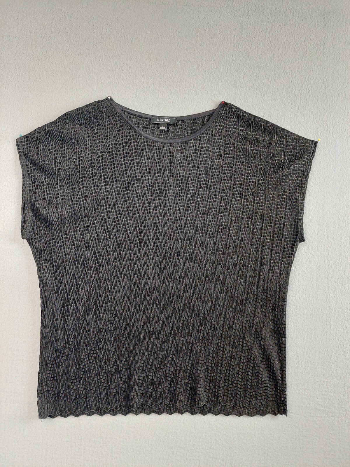 Elementz Women Blouse Top L Dark Gray Textured Knit Cap Sleeve Pullover Warm Fit