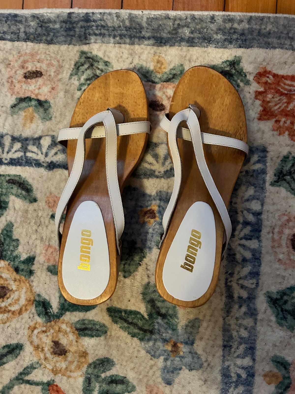 Vintage Y2K Bongo Wooden Heel Platform Sandals Strappy Thong White Leather Sz 6