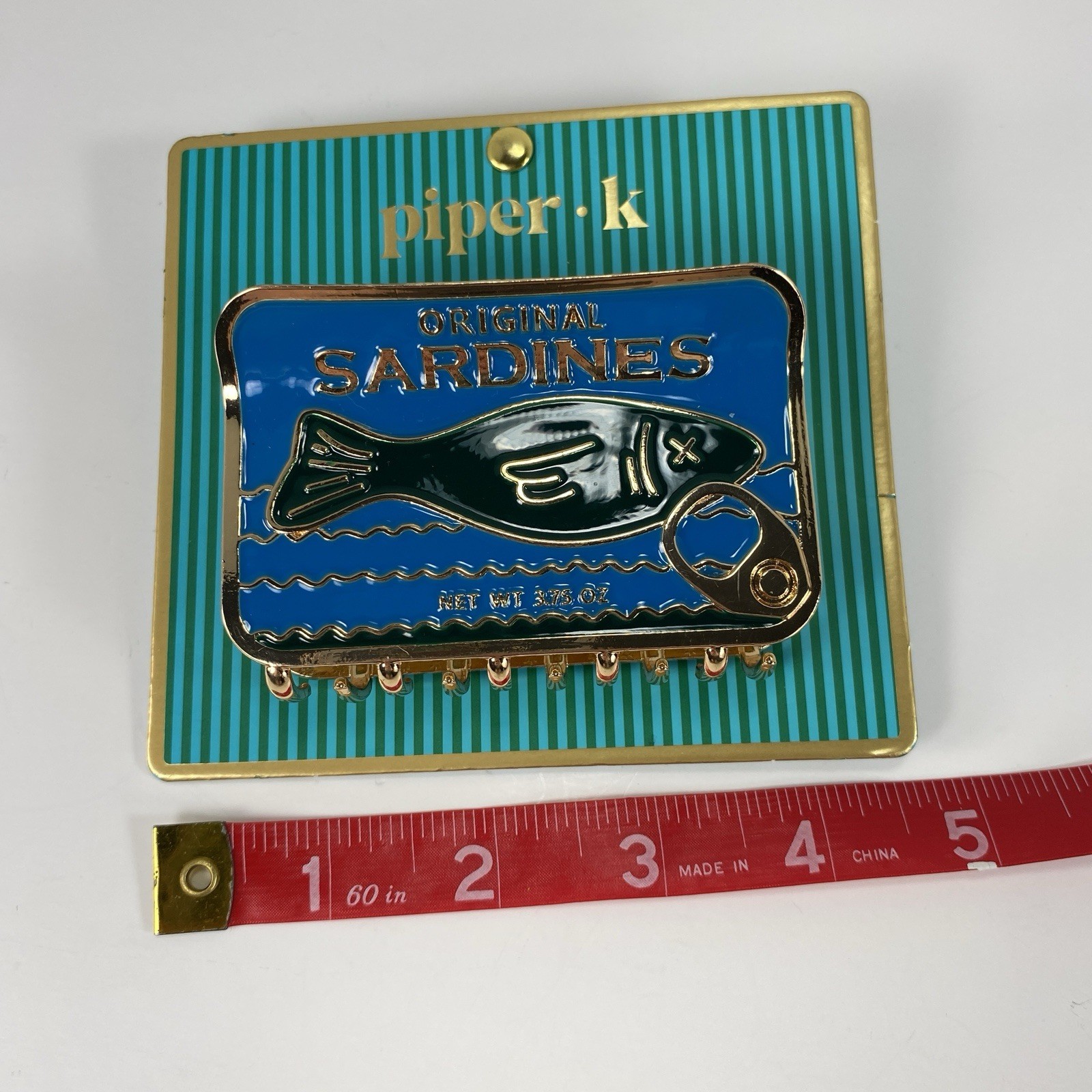 Piper K Original Sardines Hair Claw Clip Blue Gold Enamel Novelty Tinned Fish