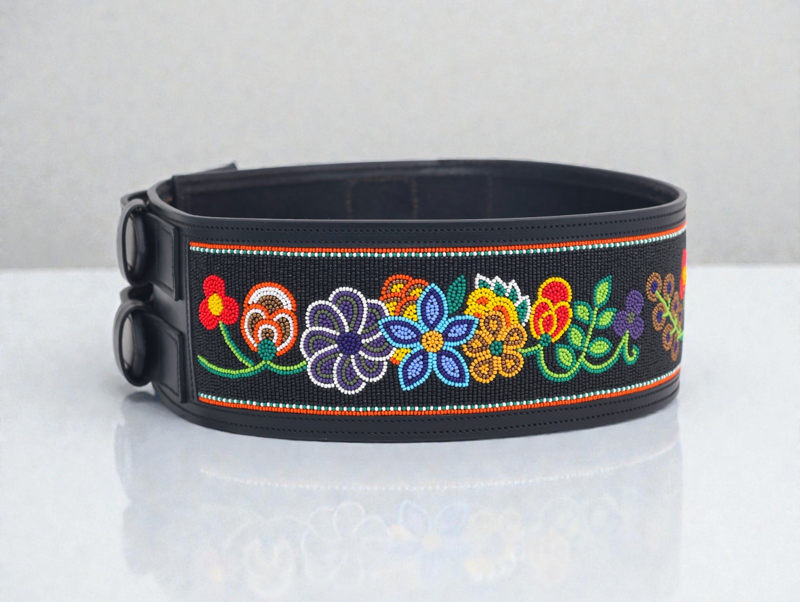 Beaded Wide Leather Belt | Floral Statement Western Waist Belt | Double Buckle