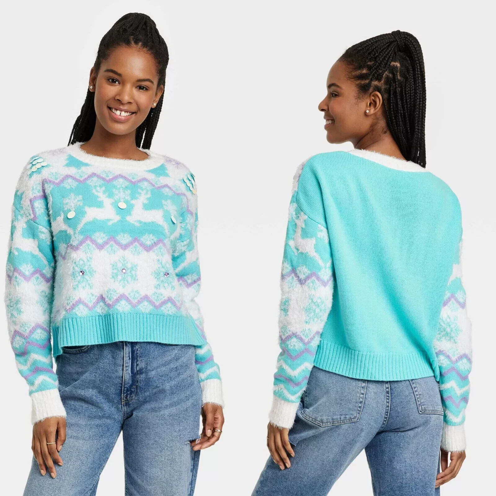 33 Degrees Women’s Size XL Reindeer Graphic Sweater Blue