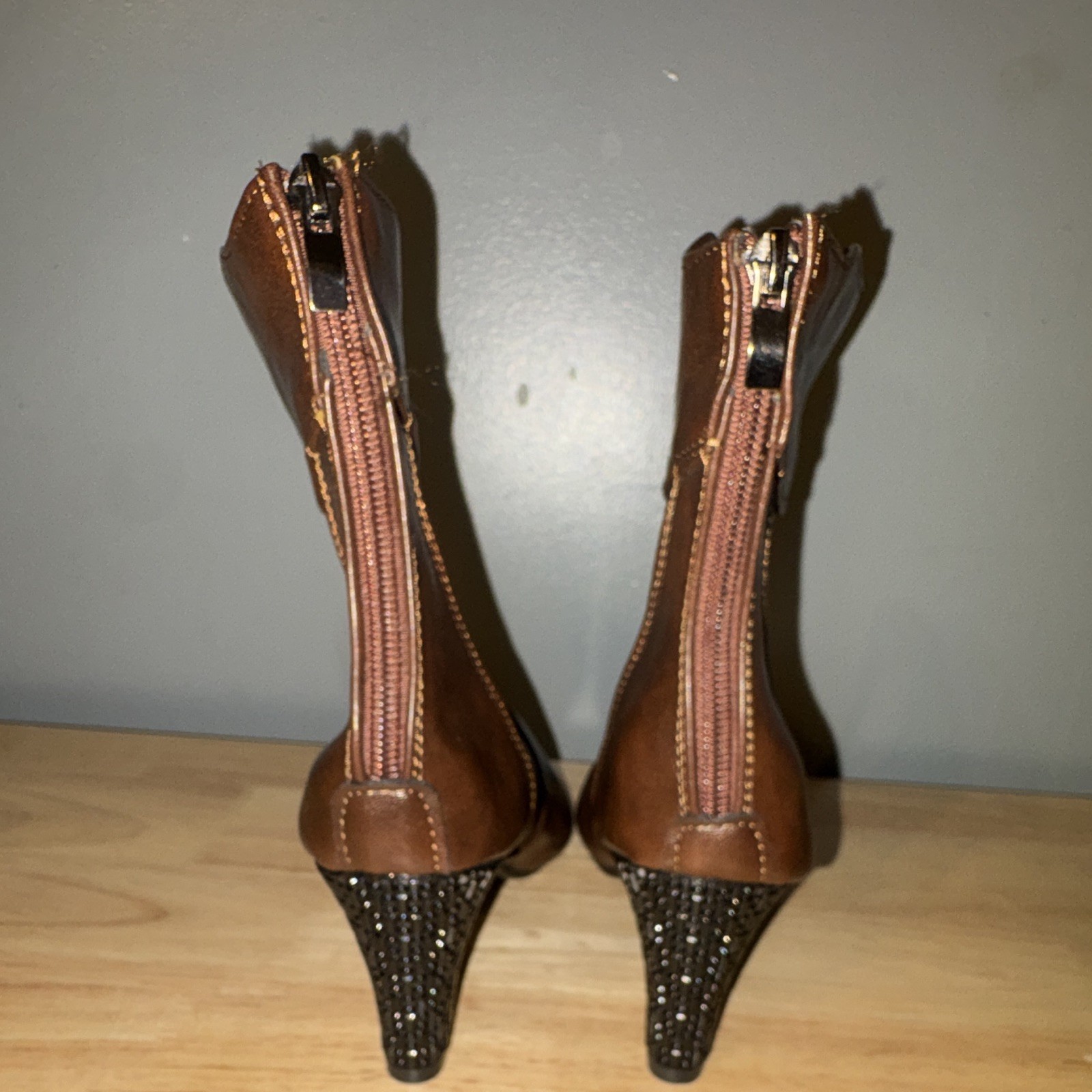 Dior Women’s Brown Leather Monogram Ankle Boots Size 8 Round Toe Zip Cone Heel