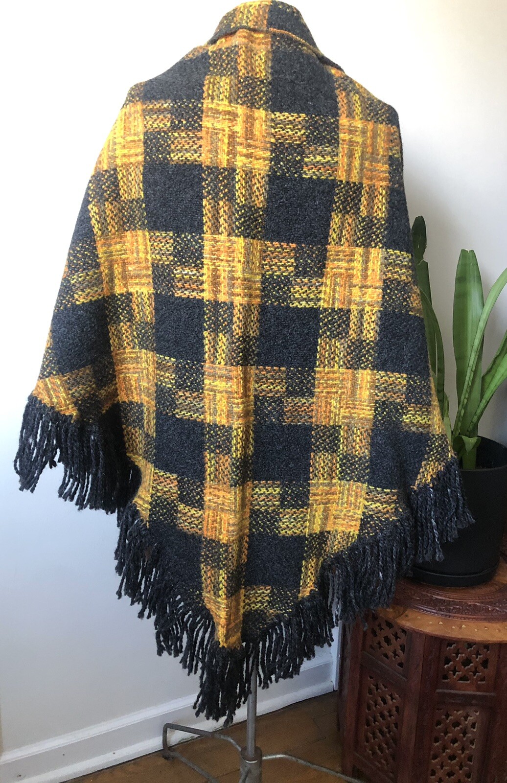 1960’s Charcoal Gray/ Yellow/ Orange Plaid Wool Triangle Shawl