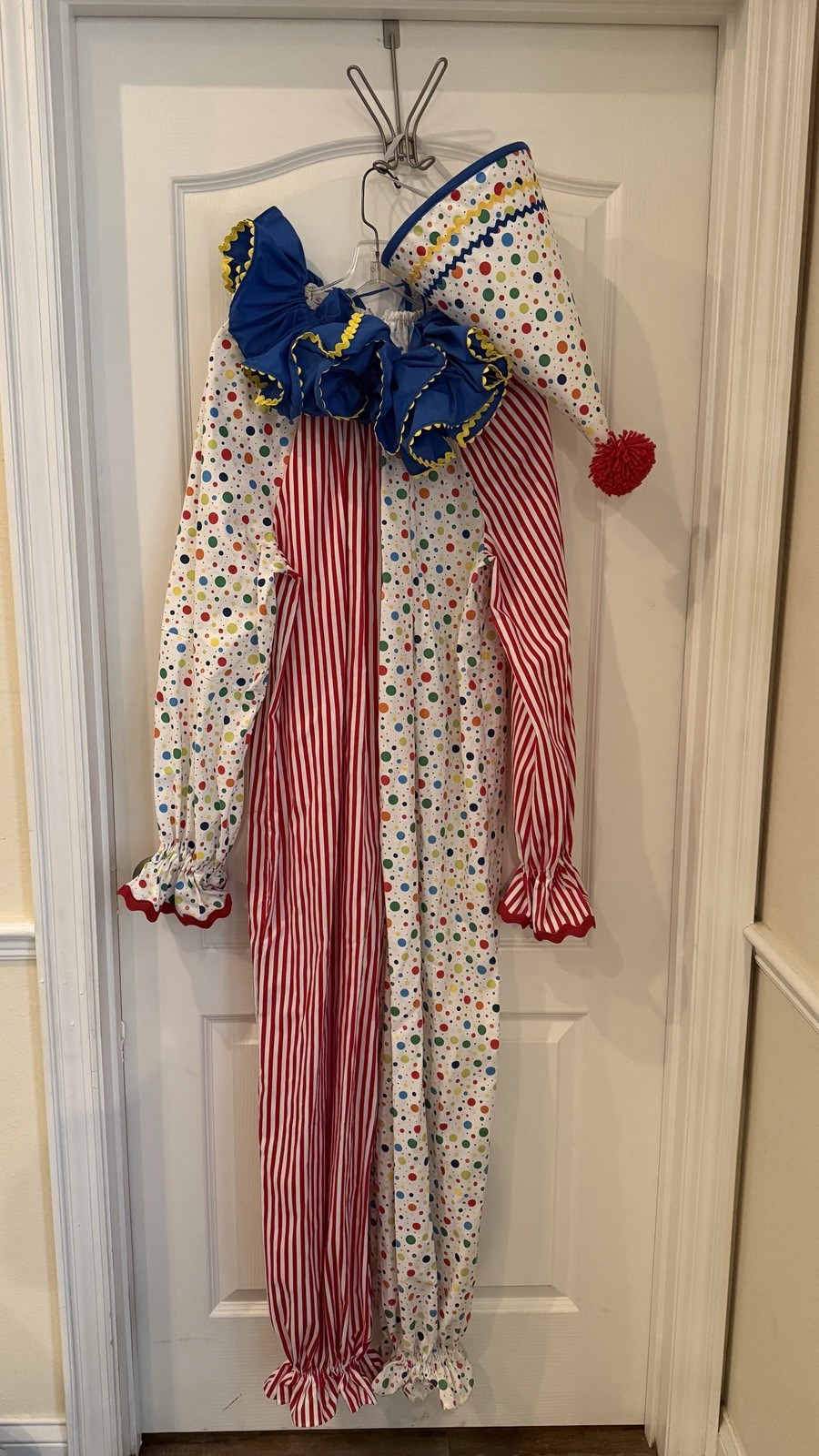 Homemade Adult Clown Costume One Piece Suit Romper One Size Hat & Neck Ruffles