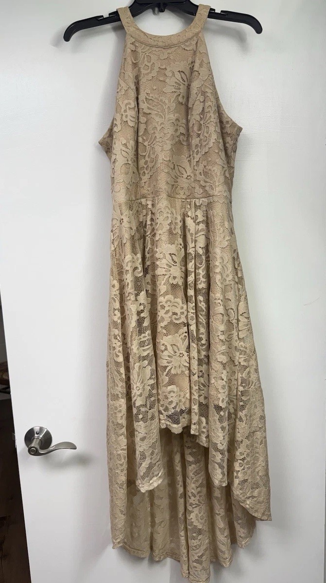 Dressystar Floral Lace Cocktail Hi-Lo Halter Top Beige Dress Size XL