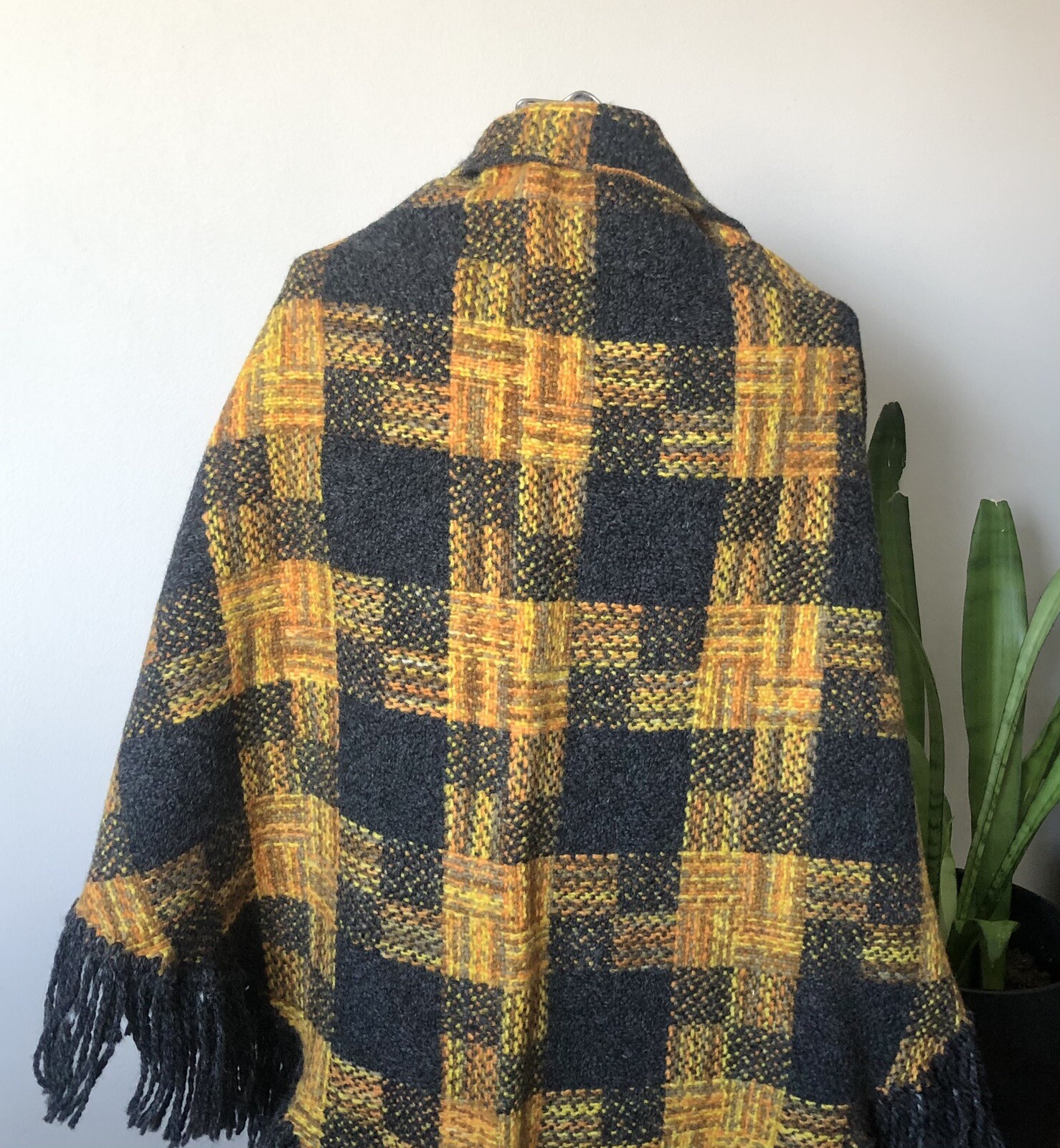 1960’s Charcoal Gray/ Yellow/ Orange Plaid Wool Triangle Shawl