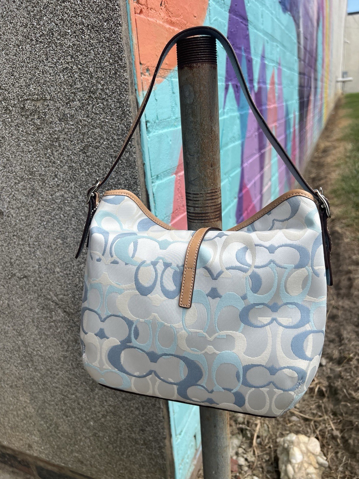 Coach Signature Logo Jacquard Shoulder Bag Blue/White Tan, Lined, Tag
