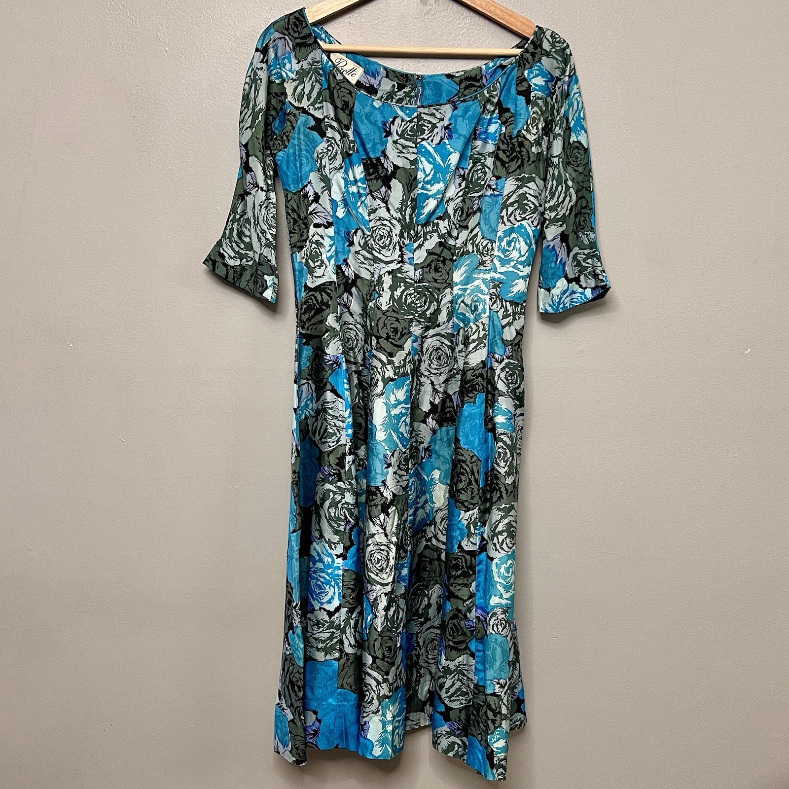 VTG 50s Suzy Perette Silk Fit N Flare Flue/Green Purple Rose Dress Pin Up Goth