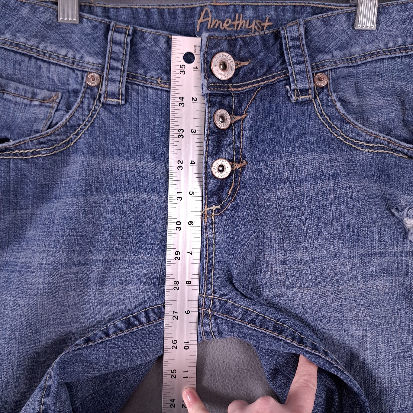 Amethyst Jeans Womens 14 Blue Denim Low Rise Bootcut Distressed Stretch Grunge