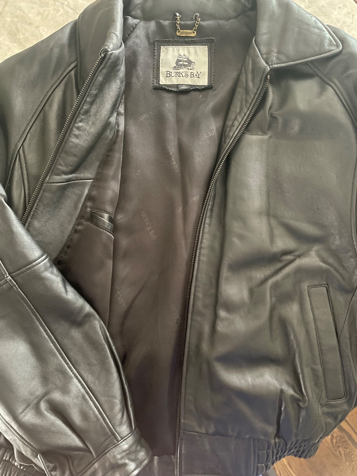 Burks Bay Black Jacket Men Size L large. Genuine Leather Excellent Condition.