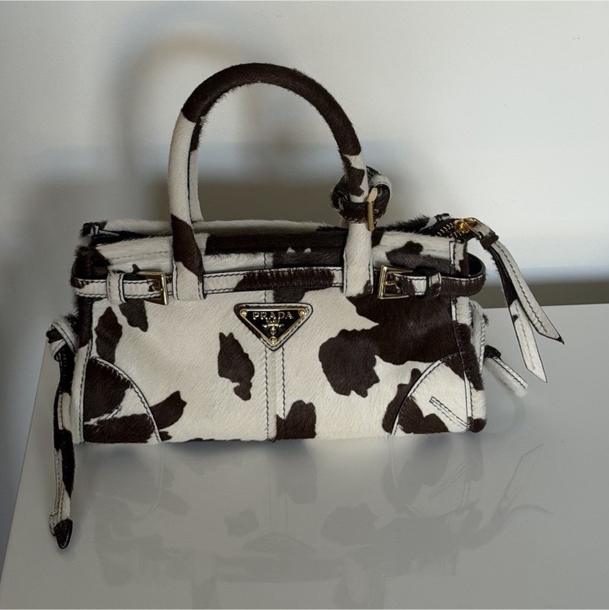 PRADA Cow Print Satchel Top Handle Bag w/ Detachable Adjustable Strap Zip