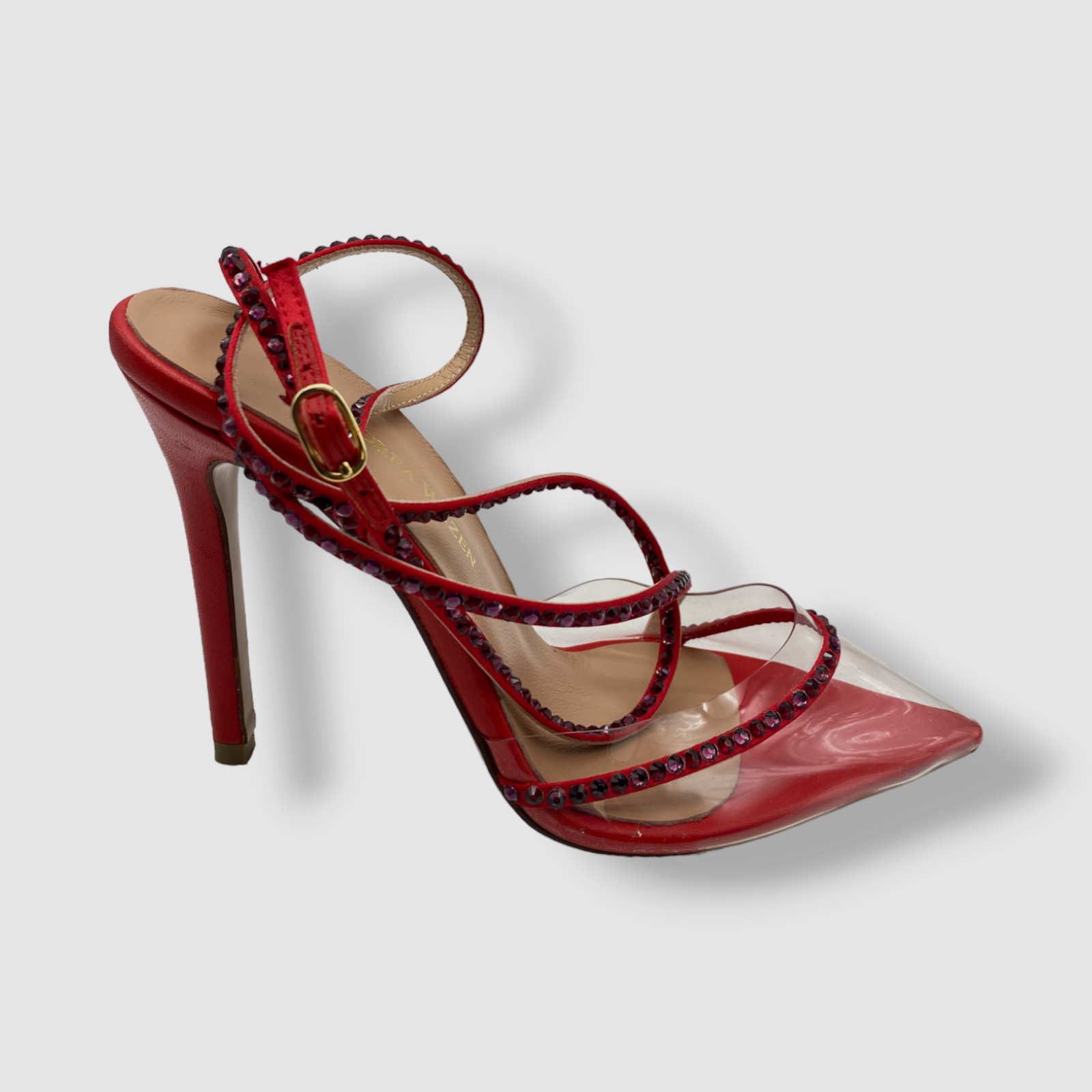 $695 Andrea Wazen Women’s Red Dassy Sunset PVC Ankle Wrap Pump Heel Shoes 35