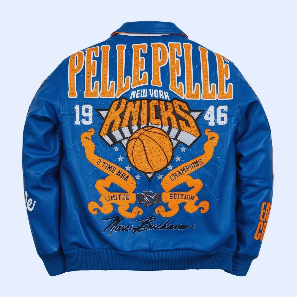 Premium Blue Leather Knicks Jacket New York Basketball Theme Winter Bomber Size
