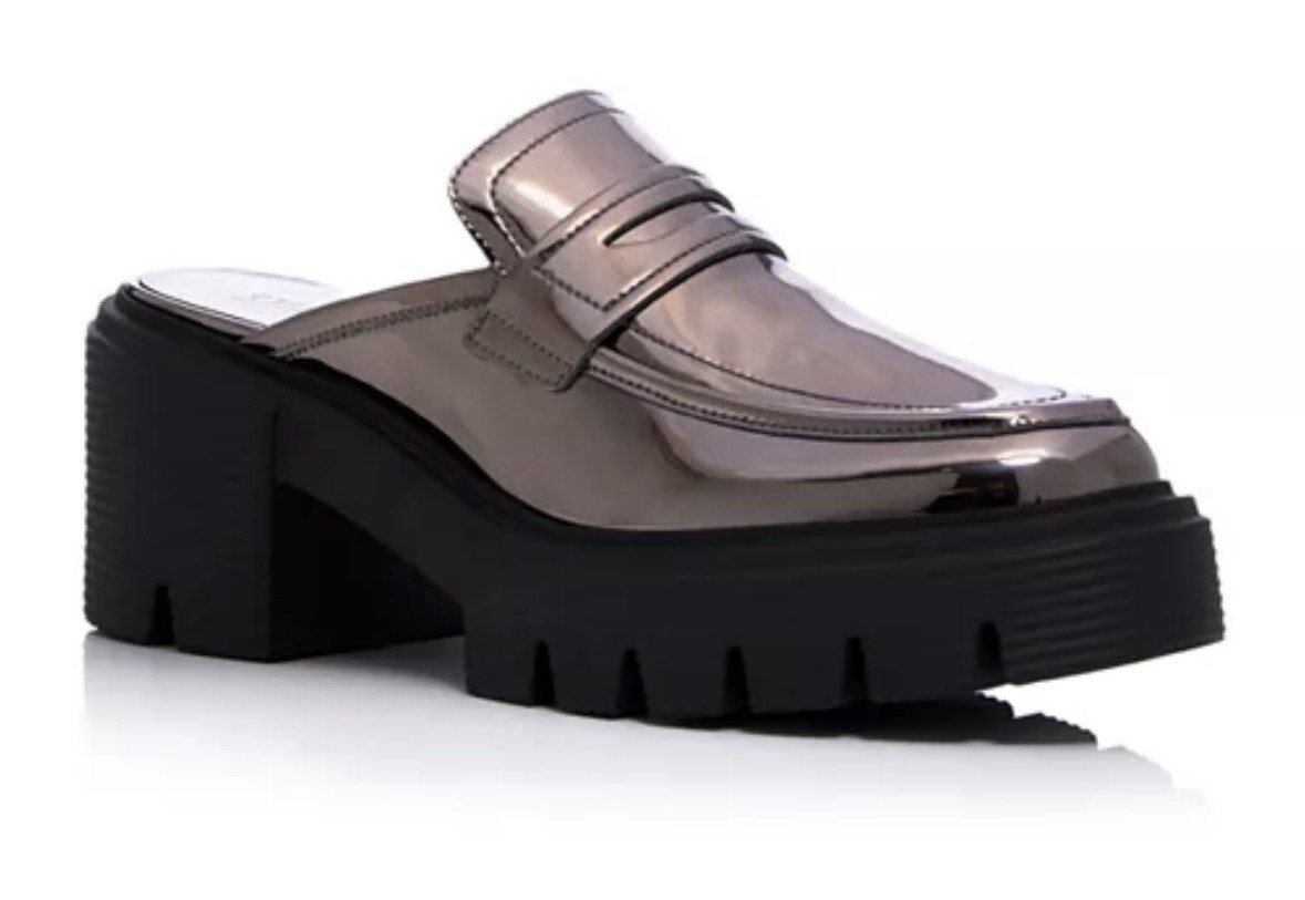 Stuart Weitzman Soho Platform Loafer Mules Mirror Metallic Pewter Lug Sole