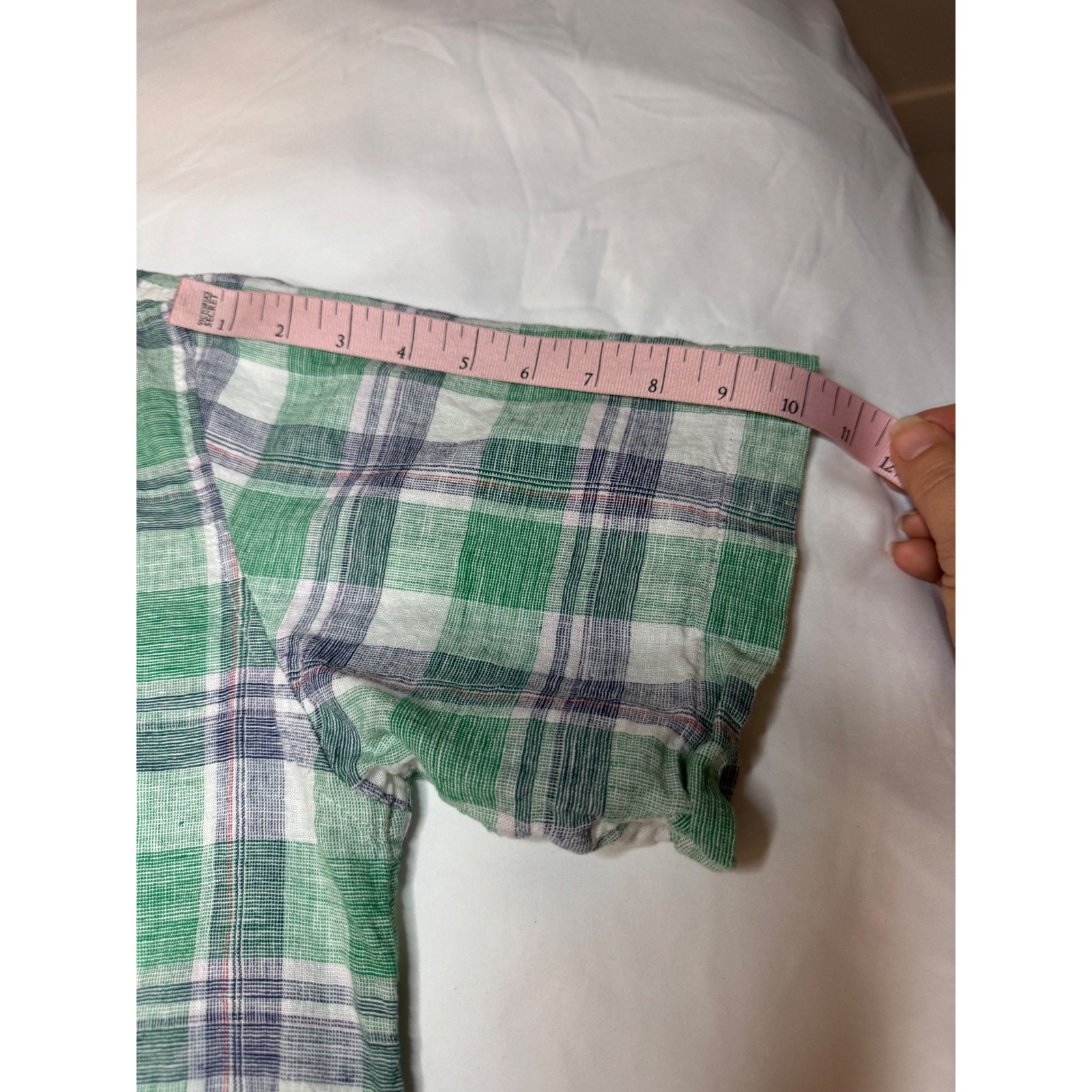 Weatherproof Vintage Mens Large Green Plaid Linen Cotton Short Sleeve Shirt