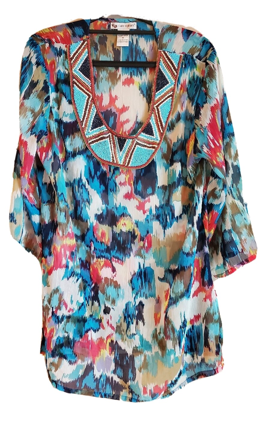 Cute Options Beaded Tunic Women’s Size Medium Floral Sheer Gauzy Cruise-wear 