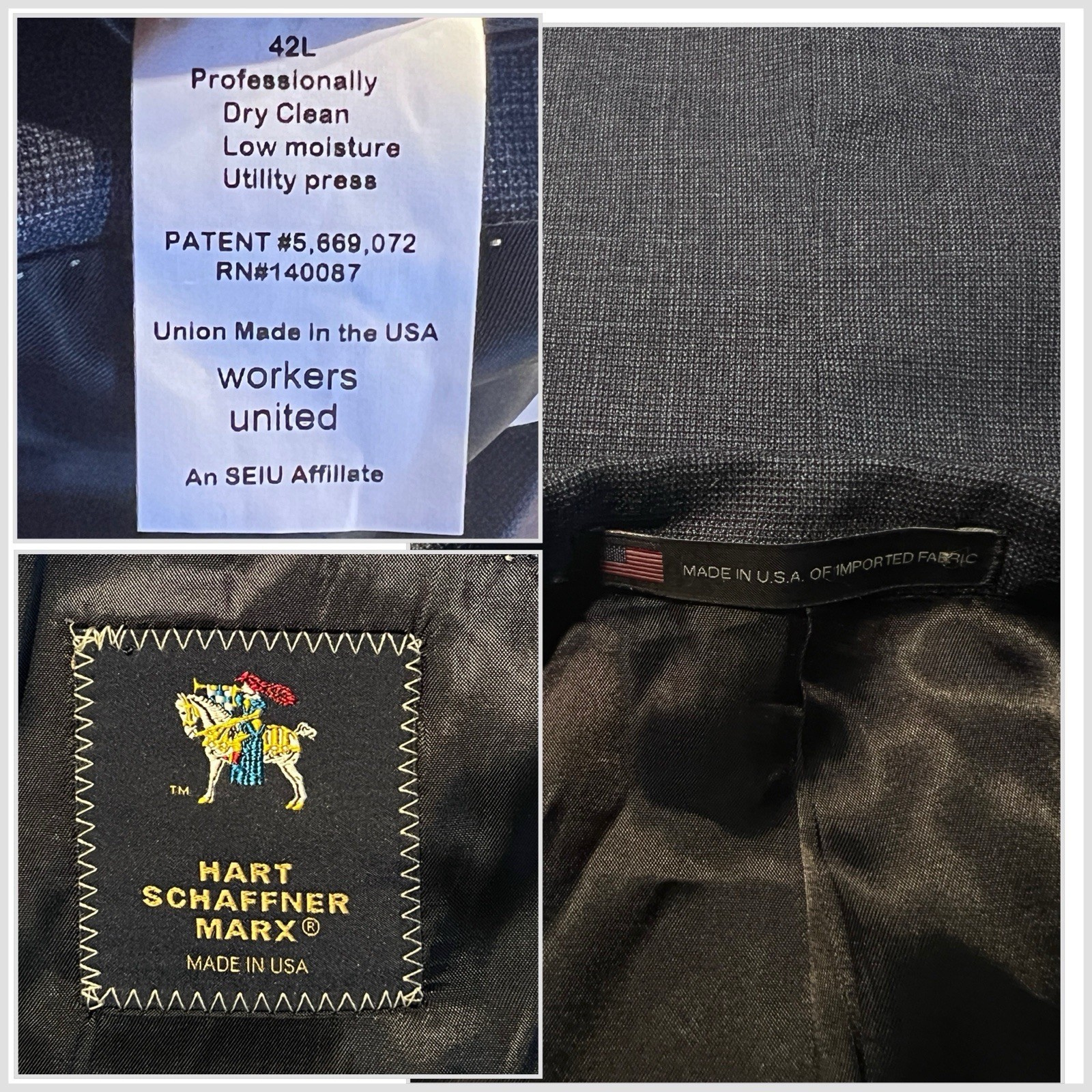 Hart Schaffner Marx New York 42L 36×32 Navy Blue Heathered Hopsack Suit