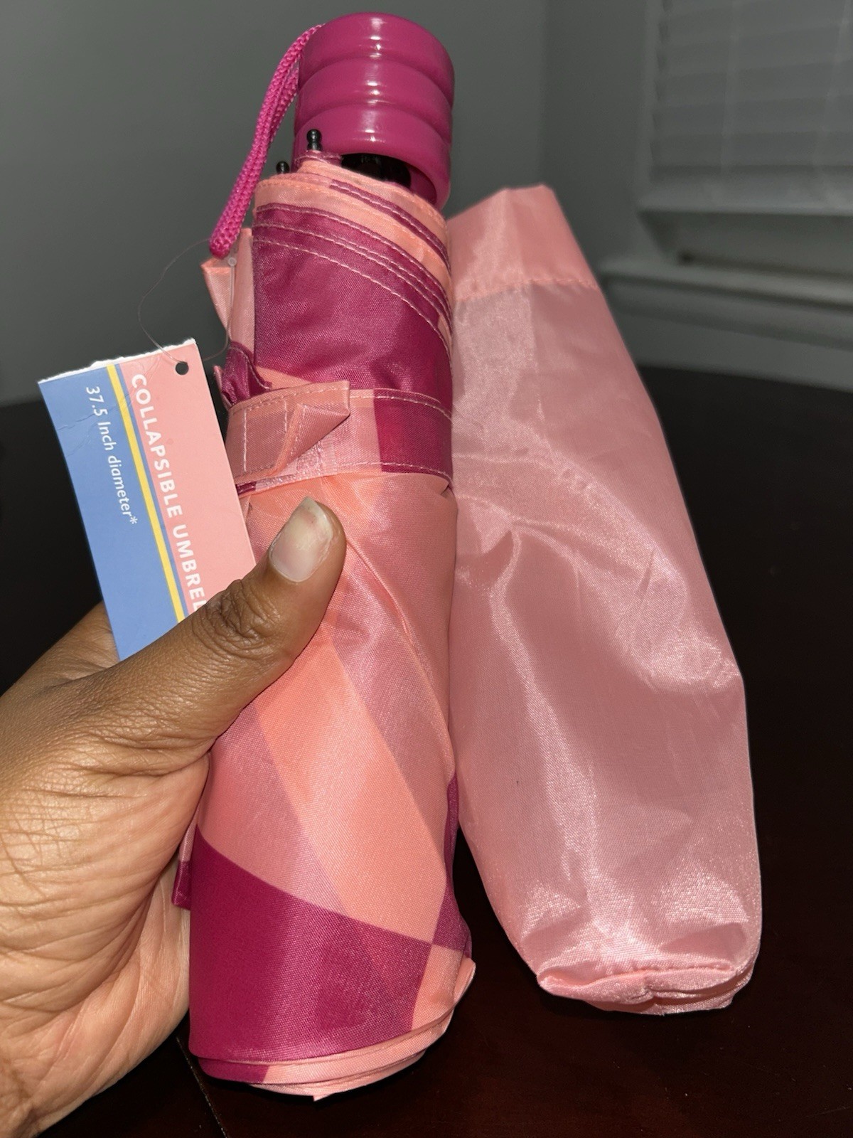 Pink Compact/Folding Travel Umbrella Geometric Pattern Wrist Strap