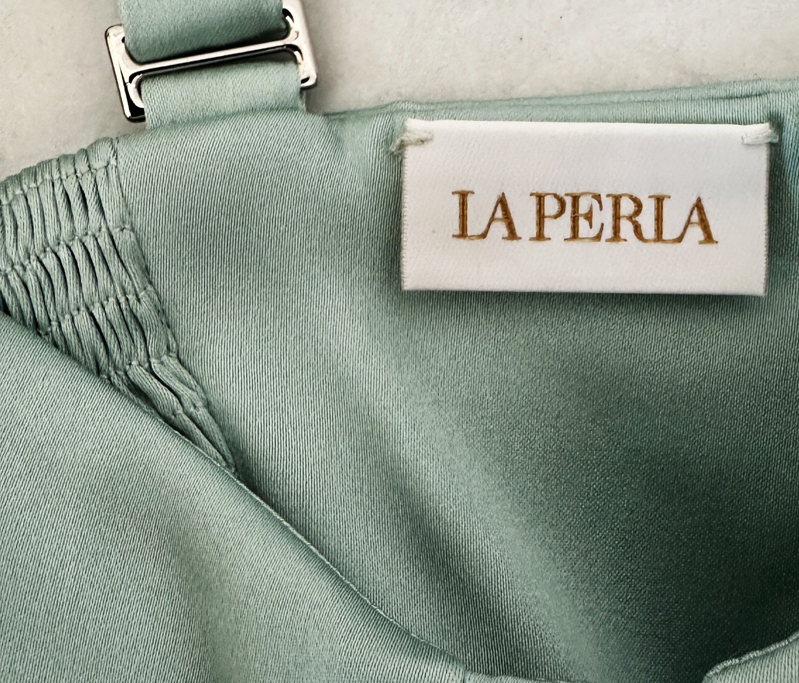 La Perla Turquoise Silk V Neck Shirred Back Panel Hook Eye Crop Top 4 US 40 IT