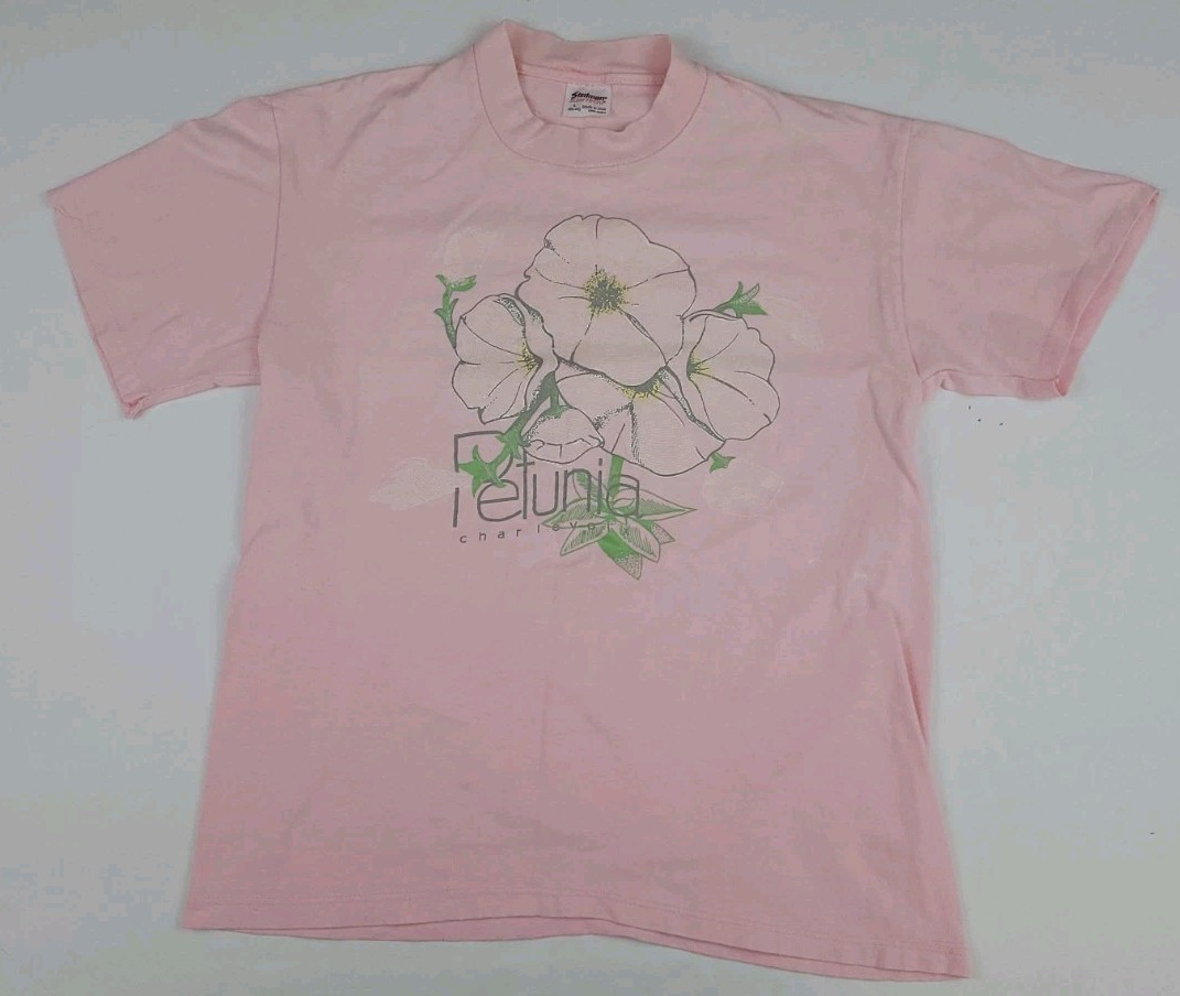 Vintage 80s Petunia Charlevoix Print T Shirt Art Work Flower Michigan Pink WORN*