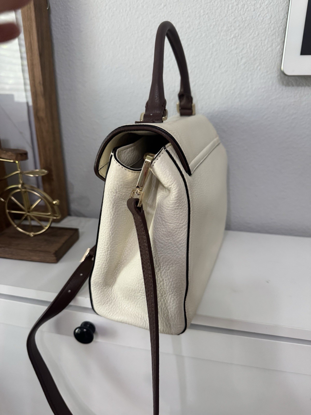 Kate Spade New York Ivory Brown Medium Satchel Top Handle Push Lock Det Strap