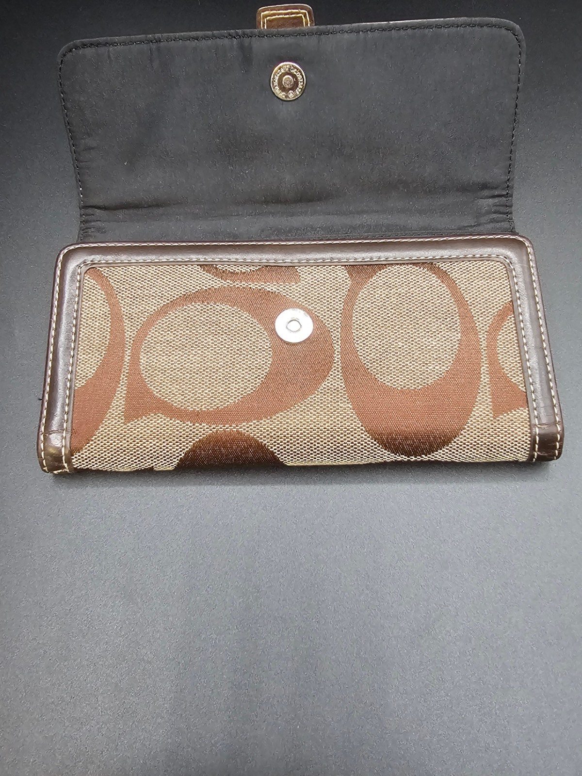 Brown Jacquard Canvas Long Wallet Checkbook Clutch Faux Leather Snap Closure