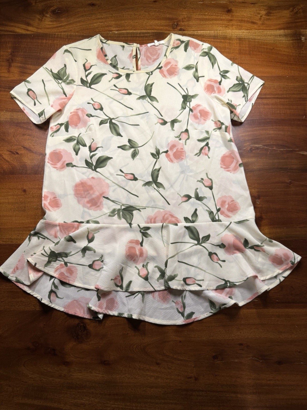 Pleione Floral Peplum Top Blouse Cream Pink Rose Short Sleeve High Low Ruffle S
