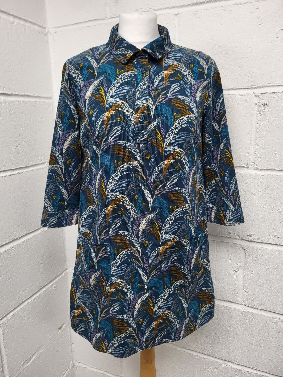 Seasalt Teal Leaf Print Sky Sketch Tunic Needle Cord Size 8 Cotton Collar.PBF