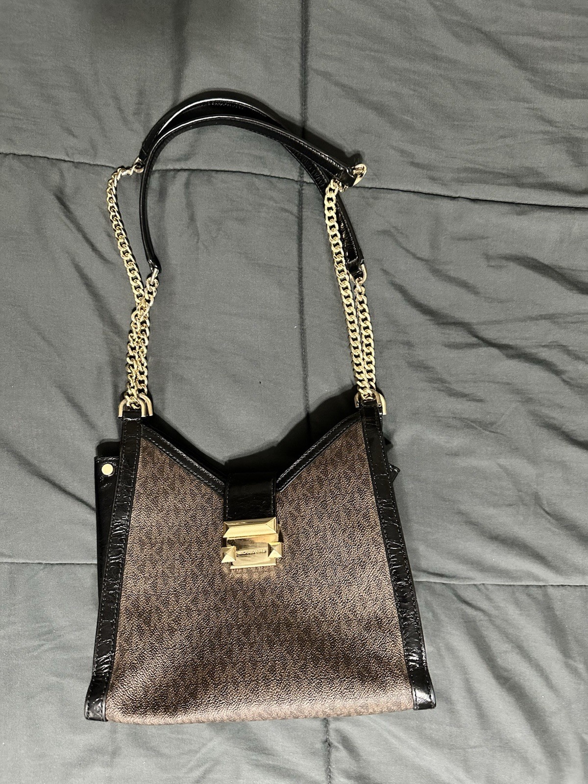 Michael Kors Whitney chain polished Leather shoulder bag Brown gold tote
