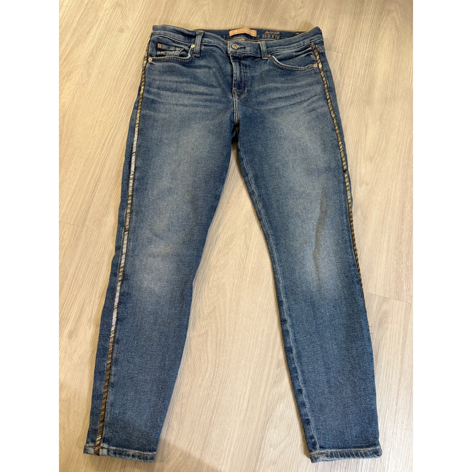 7 For All Mankind Luxe Vintage Ankle Skinny Jeans Blue Beaded Side Stripe Sz 30