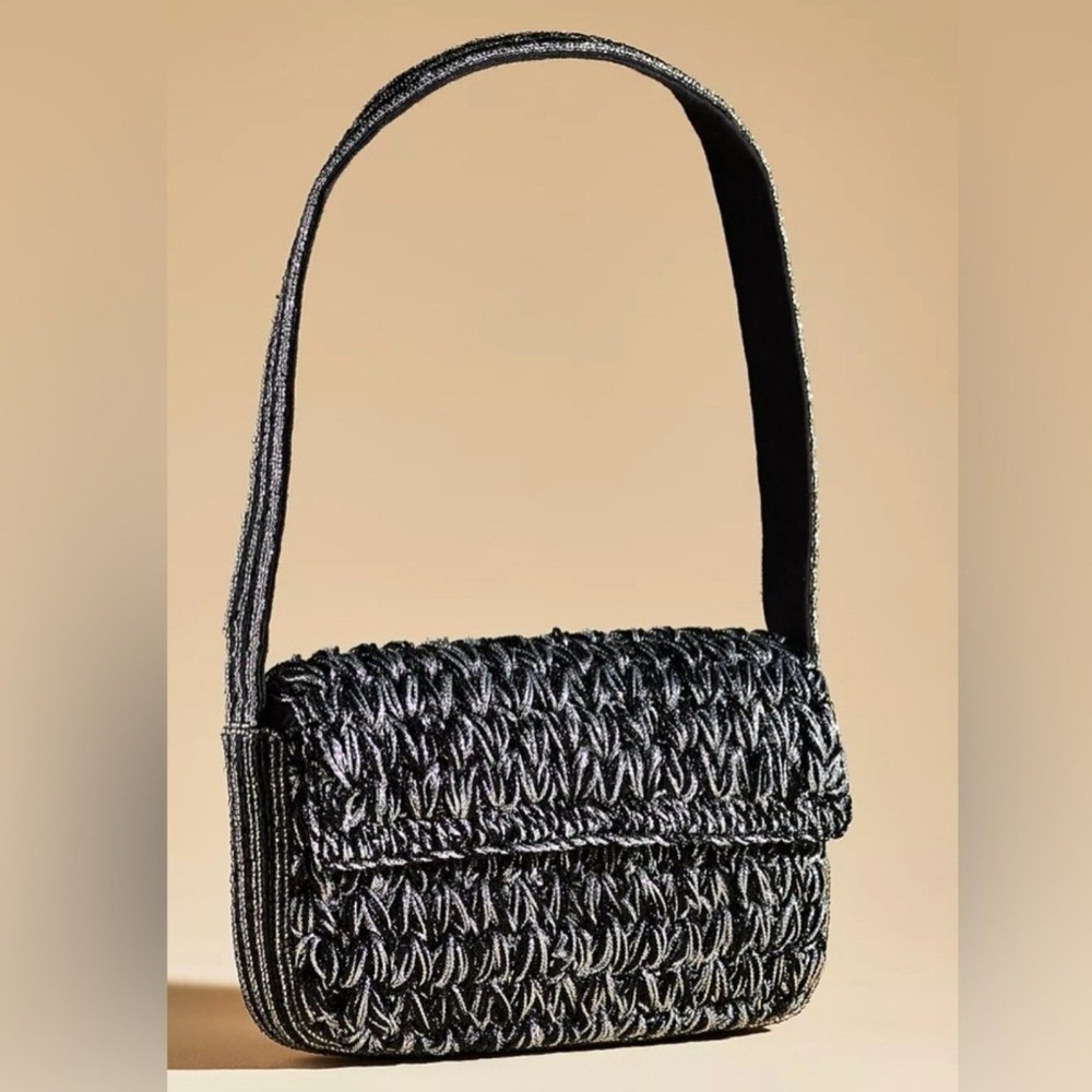Anthropologie NEW The Fiona Black Metallic Beaded Crochet Edition Shoulder Bag