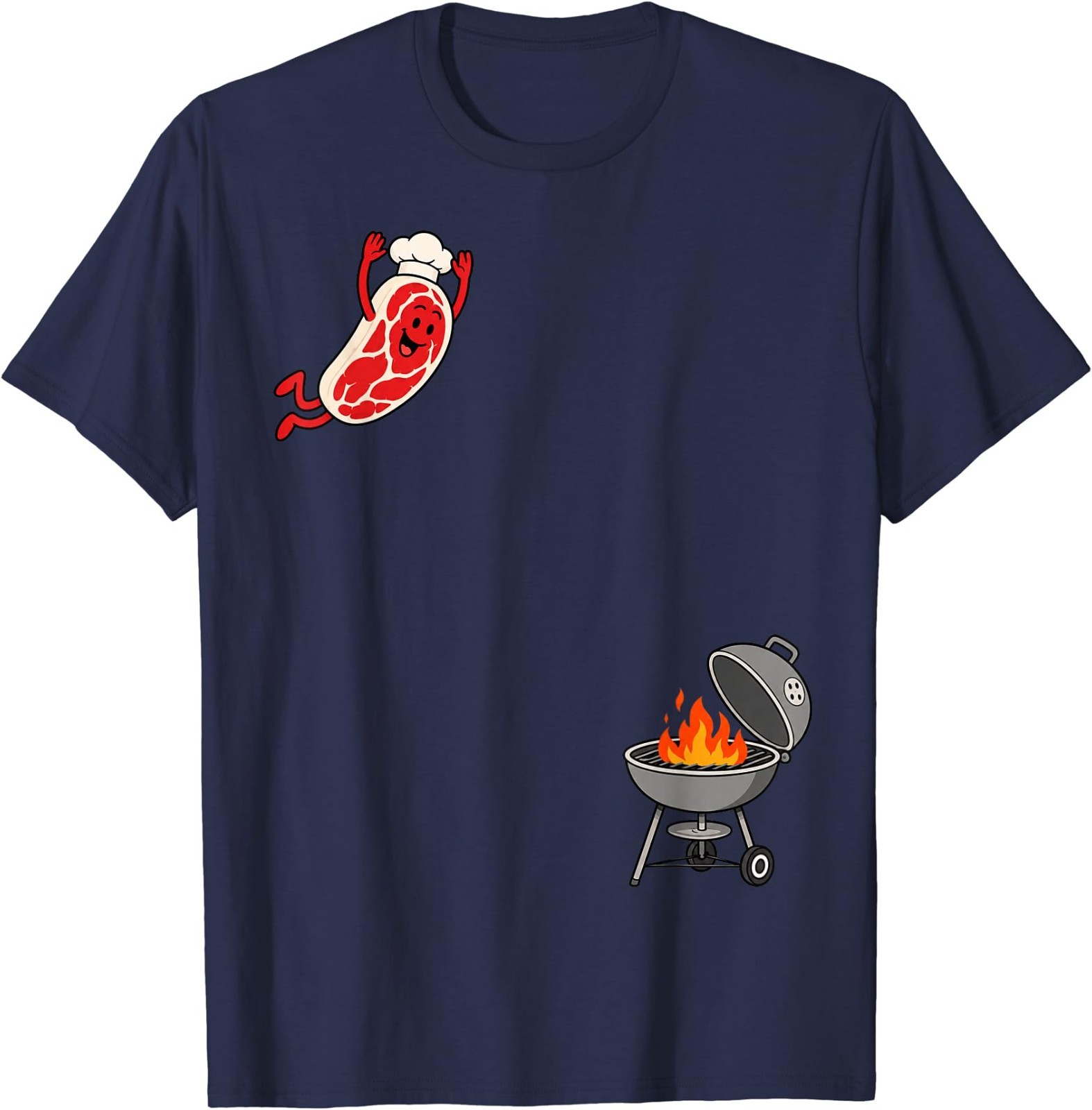 Funny Chef Steak Jumping Into BBQ Grill Cartoon T-Shirt