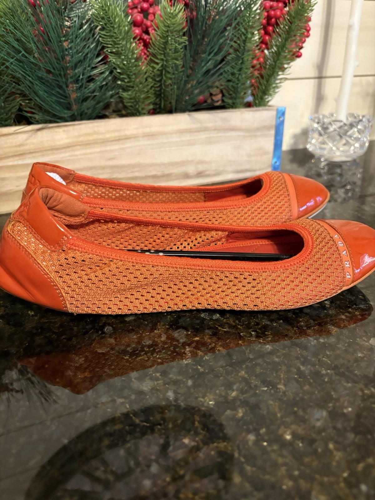 PRADA SPORT Orange Mesh Patent Leather Ballet Flats DANCER Sz 40 US Sz 9.5-10