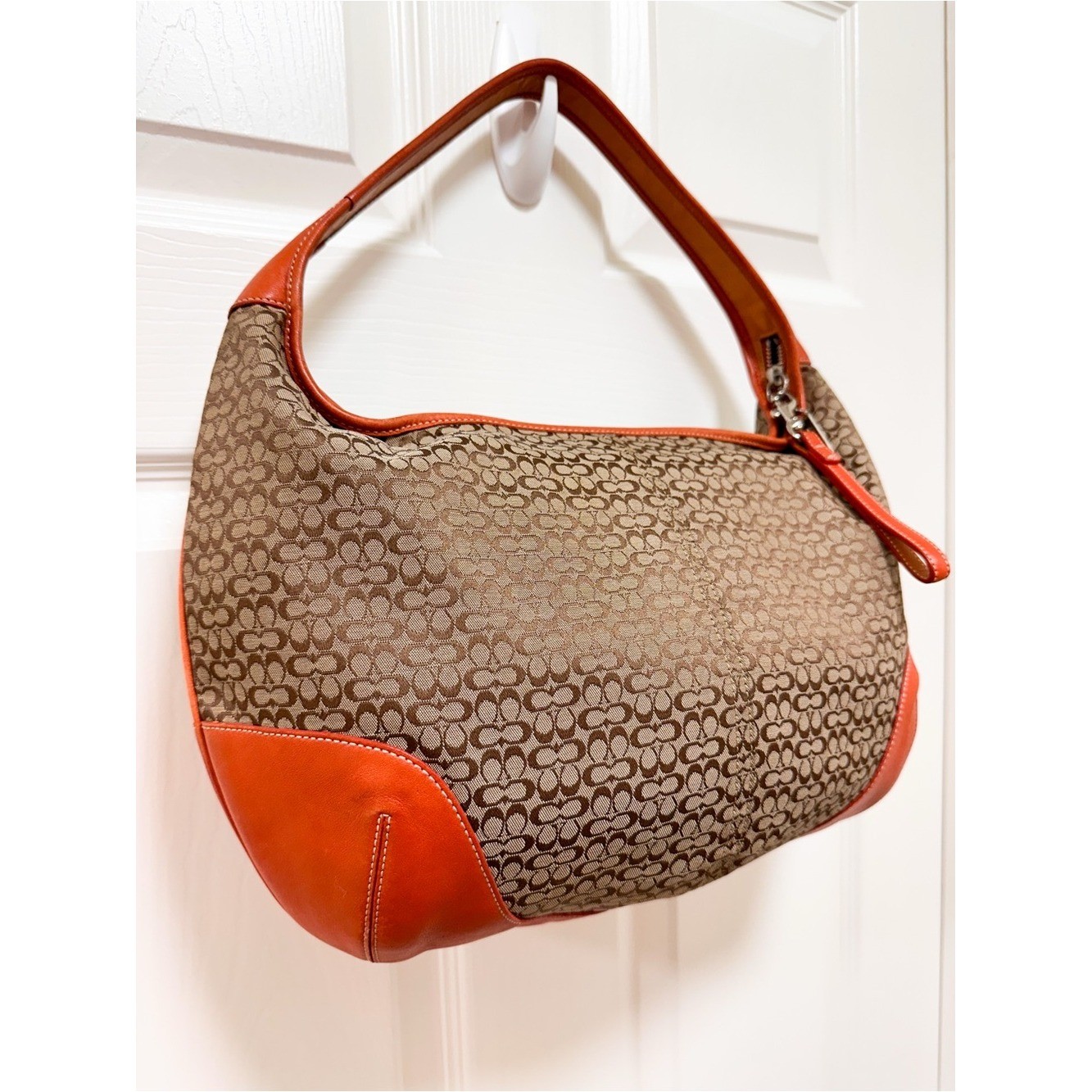 Coach Ergo Large Crescent Hobo Bag Brown Monogram Canvas Orange Leather