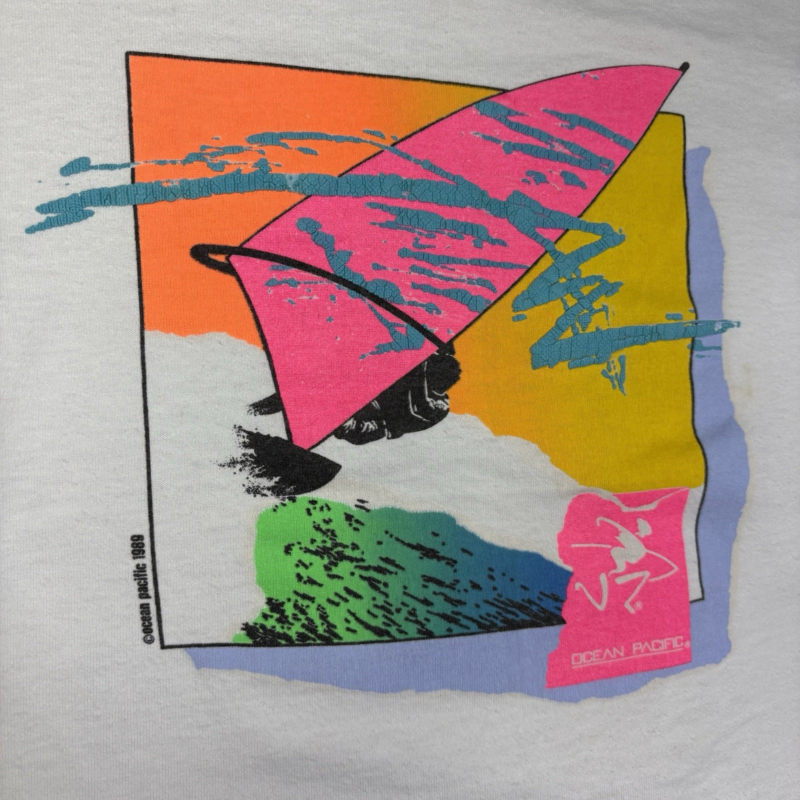 Vtg 1989 Ocean Pacific Op Surf T Shirt Crop Top Neon Windsurfing Made in USA SM