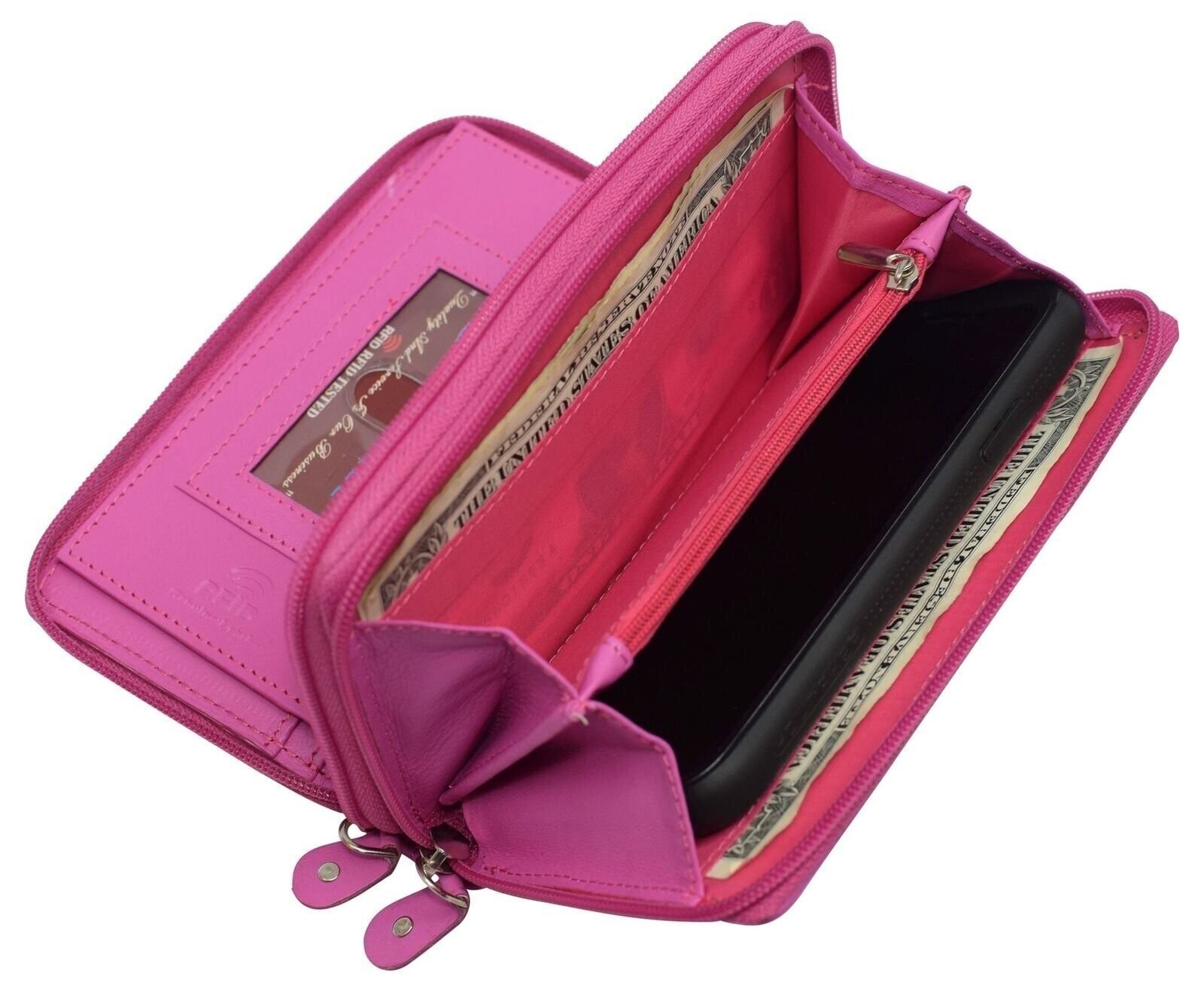 RFID Blocking Double Zipper Smartphone Genuine Leather Large Women’s Wallet Hot