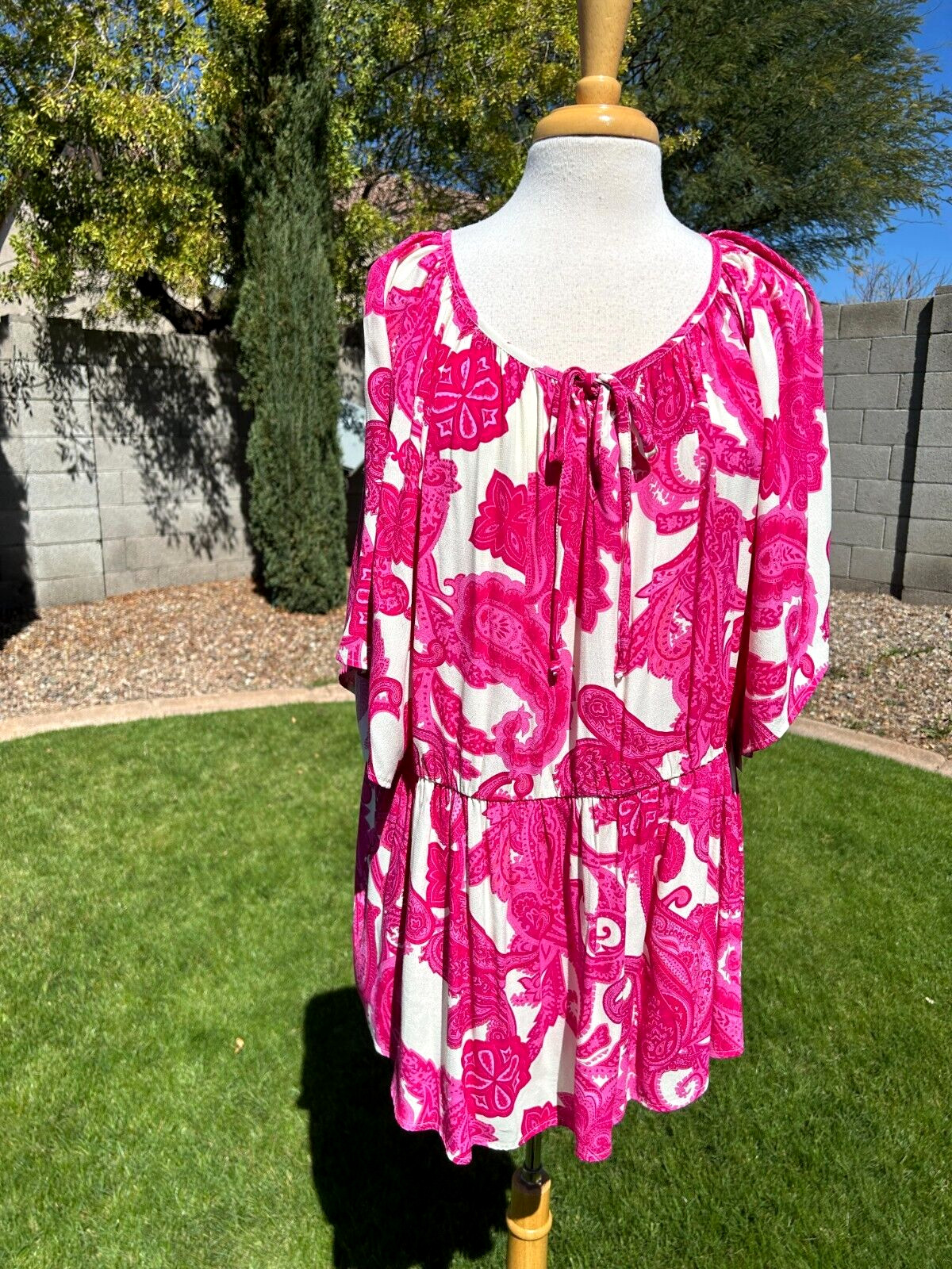 Karen Kane Ruffle Hem Peasant Tunic Top Plus Sz 3X Pretty in Pink Print $149 NWT