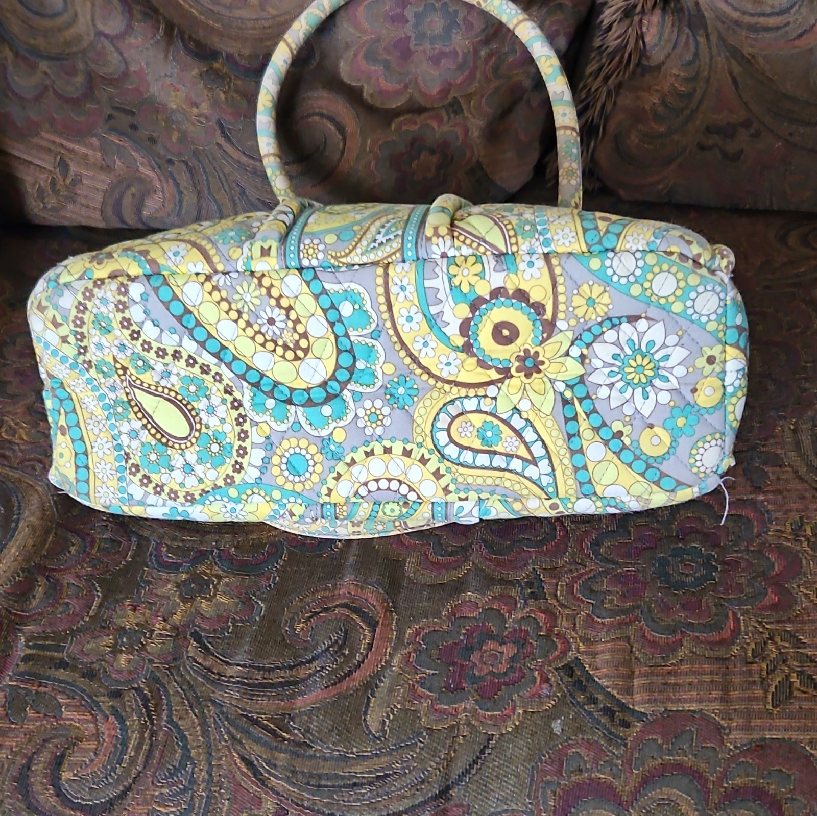 Multicolor Paisley Quilted Top Handle Satchel Bag Kiss Lock Lined Silver