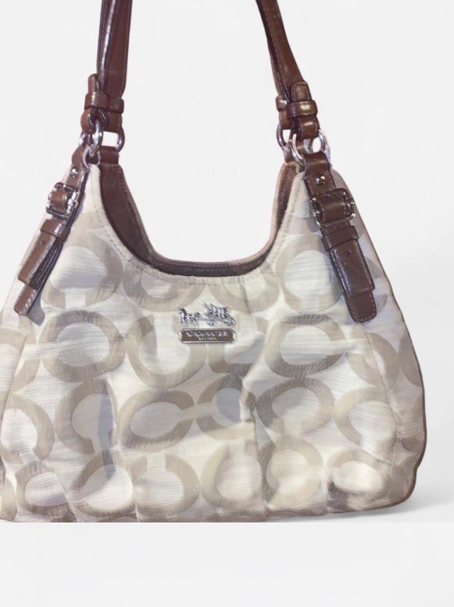 Coach Madison 14305 Signature Op Art Brown Sateen Maggie Carryall Shoulder Purse