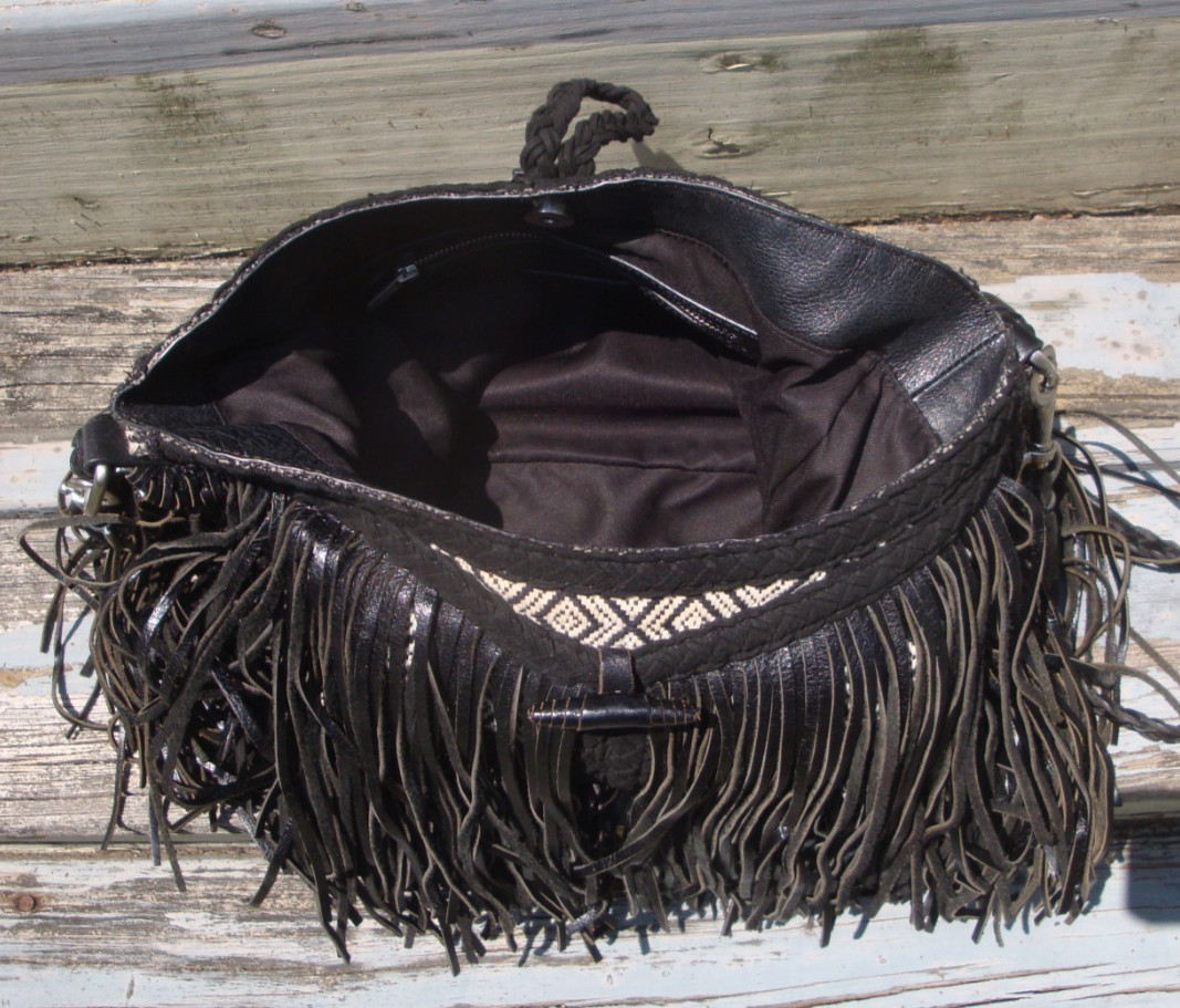 SAM EDELMAN Black Fringe Leather Large Hobo Handbag Boho Hippie Festival Biker